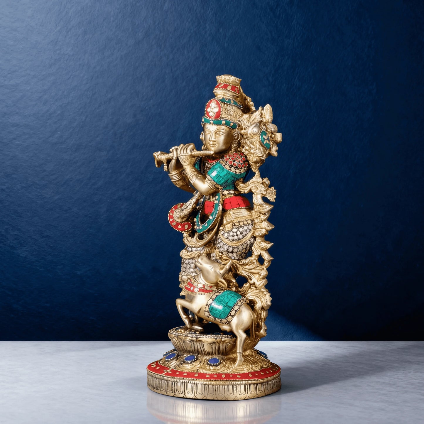 Hand-painted brass Krishna playing flute with ornate jewelry and jumping cow, traditional Hindu idol – right profile angle