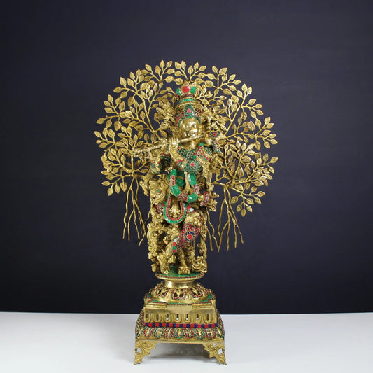 Krishna Muralidhari with Kalpavriksha – Pure Brass Handcrafted Statue - 3 feet