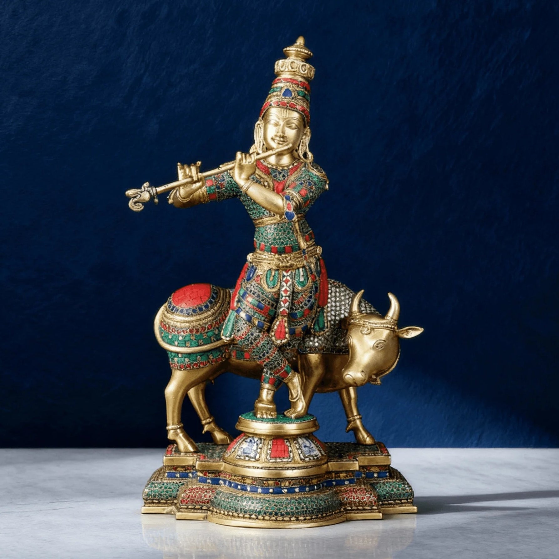 Front view of Krishna with Cow brass statue, 25.5-inch tall, meenakari stonework, handcrafted in India, premium finish