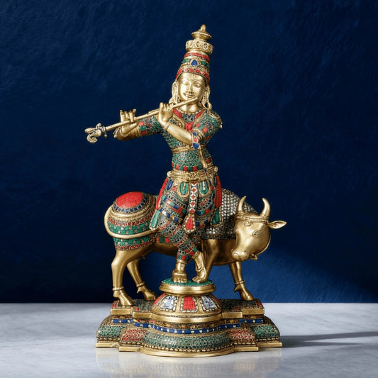 Front view of Krishna with Cow brass statue, 25.5-inch tall, meenakari stonework, handcrafted in India, premium finish