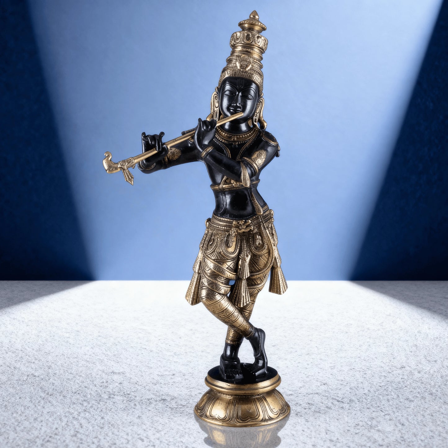Premium brass Krishna murti with black finish and carved ornaments