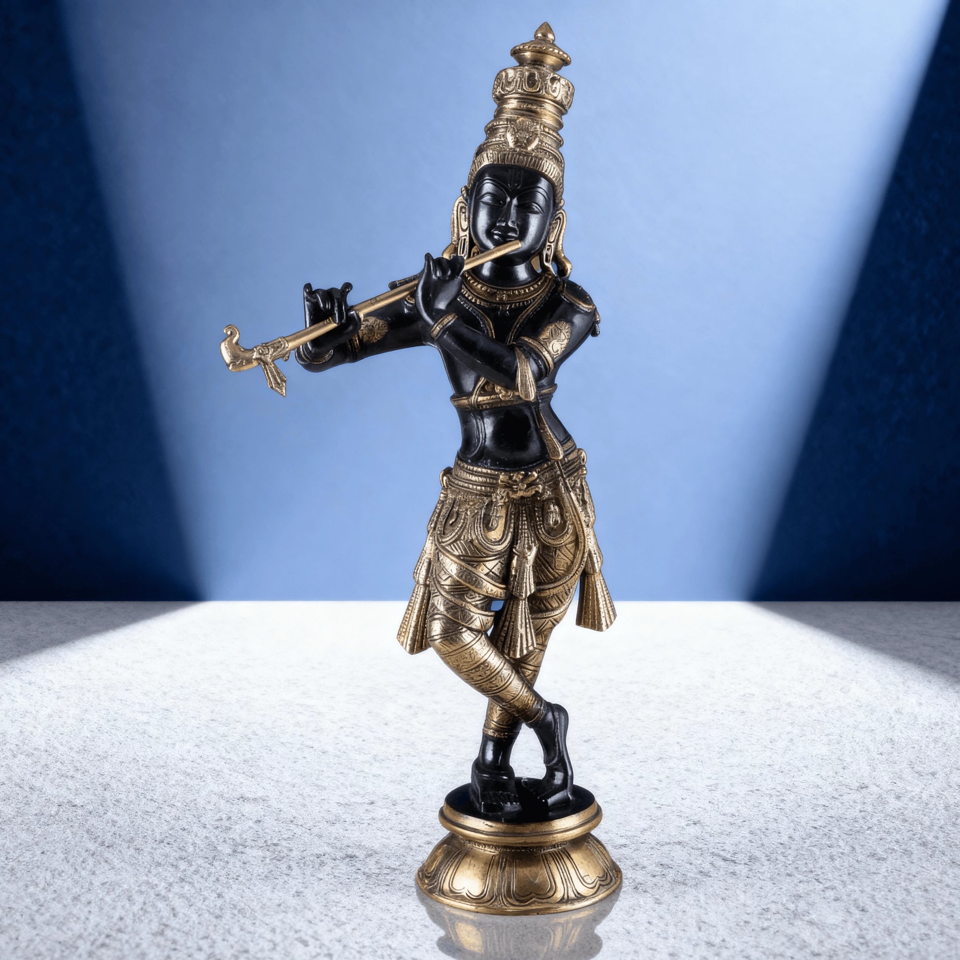 Premium brass Krishna murti with black finish and carved ornaments