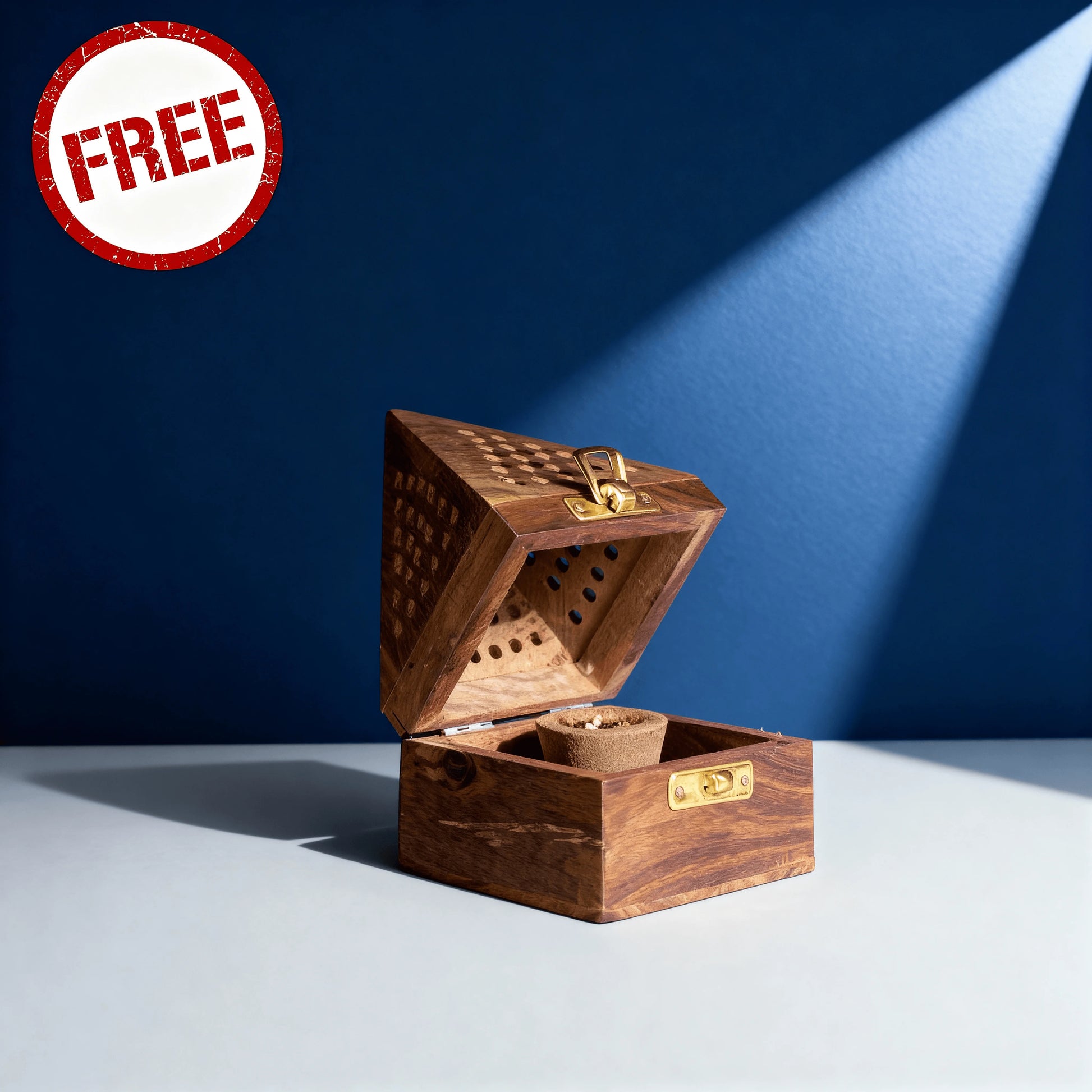 Free Sheesham wood dhoop batti stand with brass latch – included with brass Krishna statue bundle