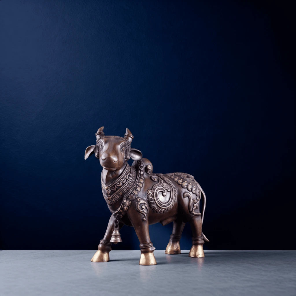 handcrafted brass nandi idol facing forward with detailed patterns