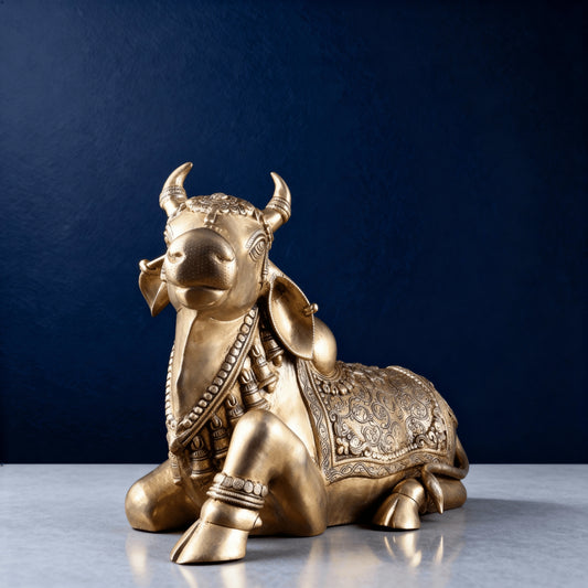 close-up view of a brass Nandi statue with detailed carvings, photographed in studio lighting against a dark blue background
