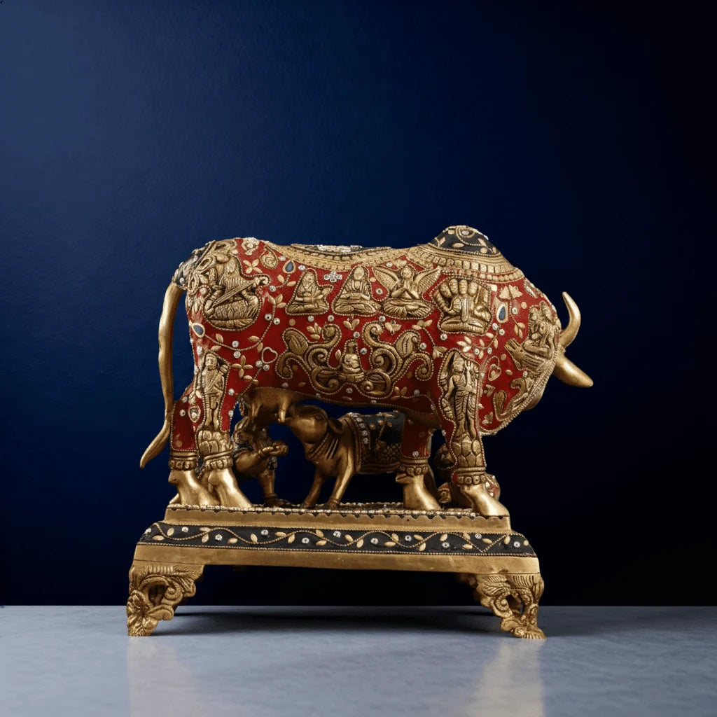 Premium handcrafted brass Kamadhenu idol with red enamel and calf on pedestal, traditional Indian decor, side view