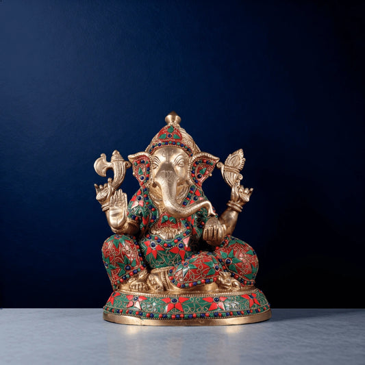 Brass Ganesha idol with multicolor stonework front view
