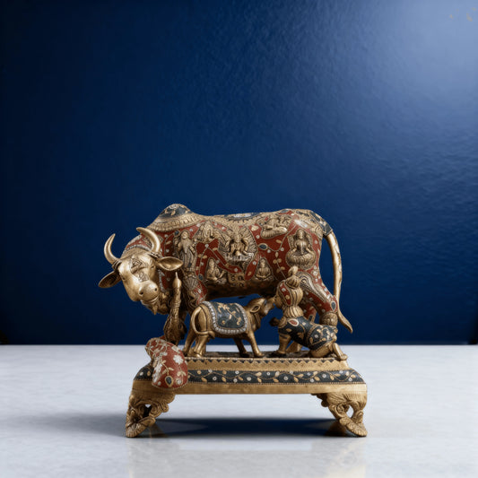 Handcrafted brass cow idol with intricate miniatures and calf, red and black detailing, traditional art style
