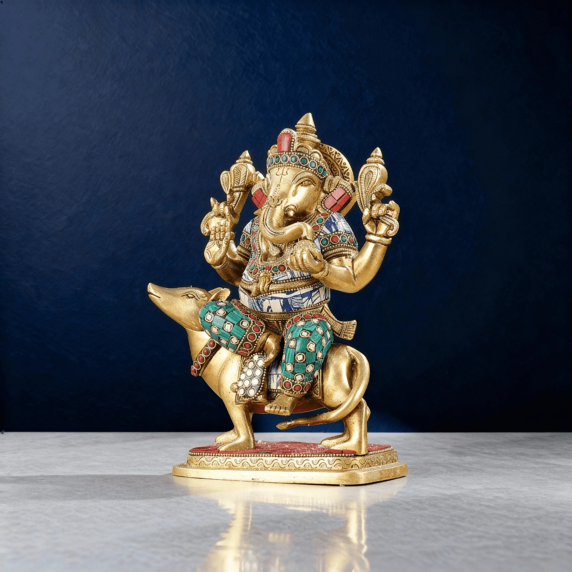 brass ganesha riding mouse statue with colorful stone work