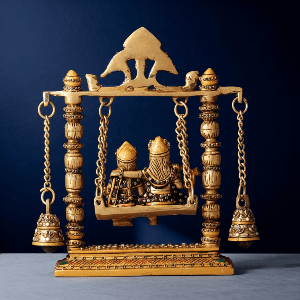 Rear view of brass Radha Krishna Jhula statue showing detailed swing frame, carved pillars and handcrafted traditional finish