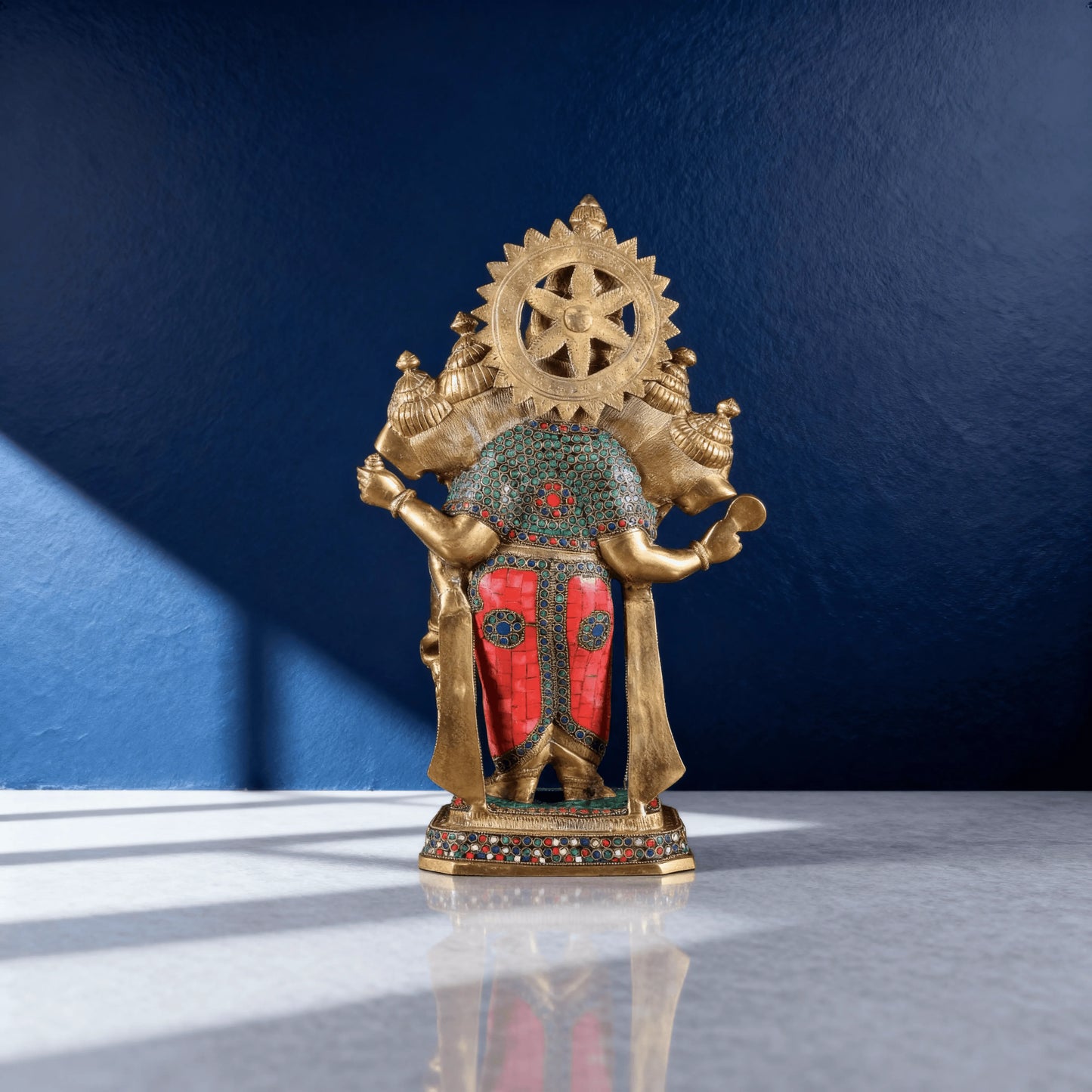 back view panchmukhi ganesha brass statue with stone inlay