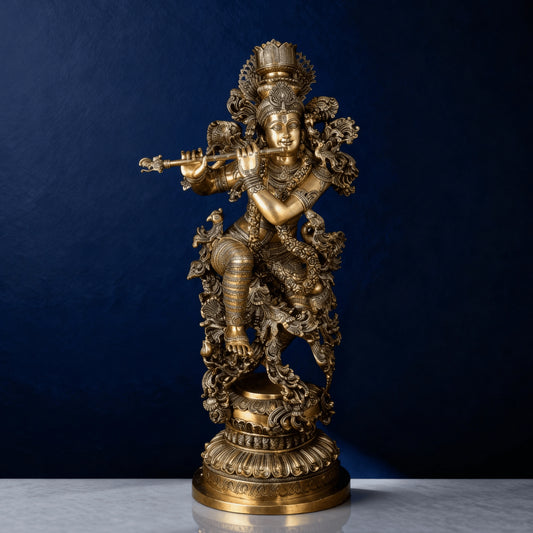 Handcrafted brass Krishna statue with elaborate detailing and classic flute posture