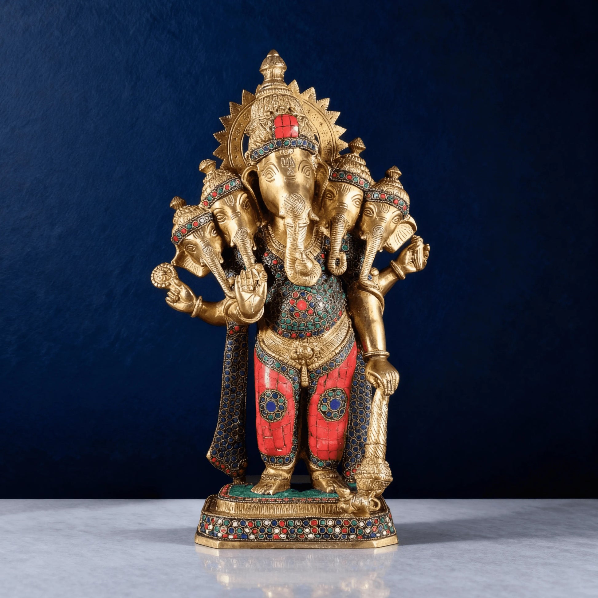 front view panchmukhi ganesha statue with colorful stone work