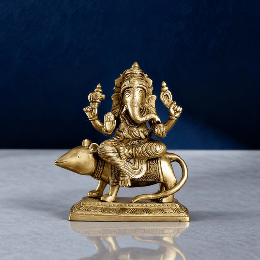 Pure brass Ganesha riding mouse vahana statue front view handcrafted Hindu idol